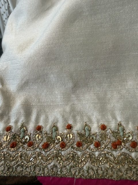 White silk kaftan, embroidered cuff border detail