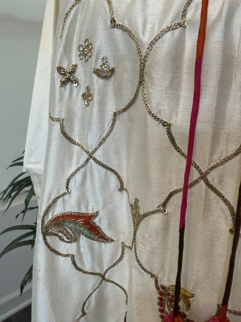 White silk kaftan, gold lattice and floral embroidery detail