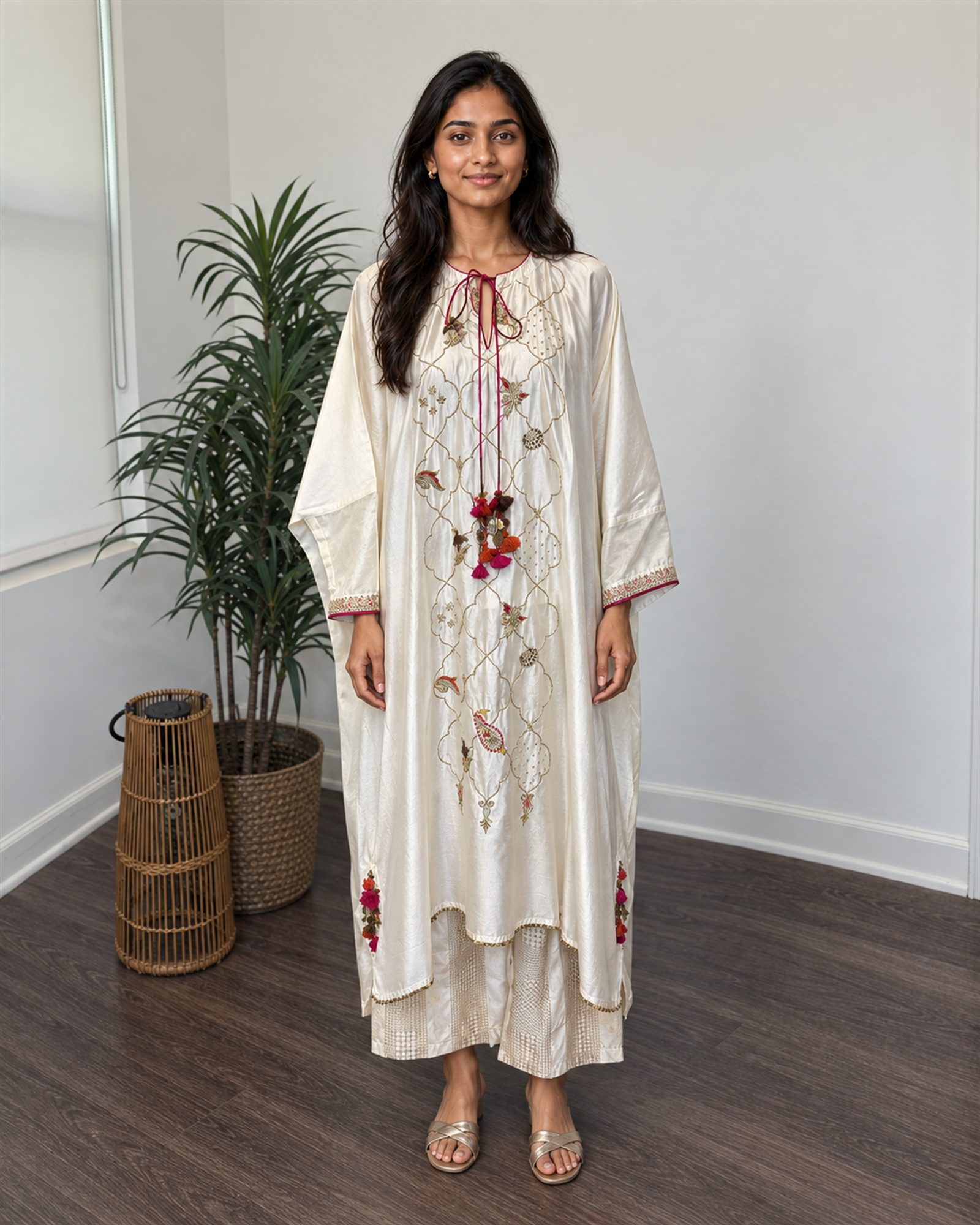 Model wearing the white silk kaftan with hand embroidery, full view