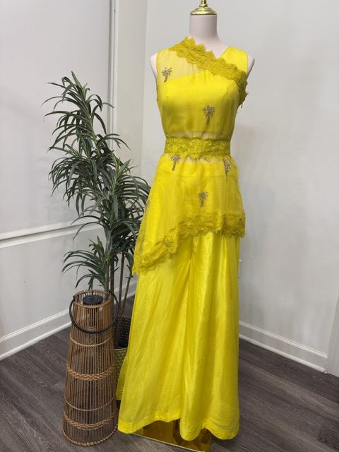 Yellow organza one-shoulder asymmetrical top with silk wide-leg pants, full view