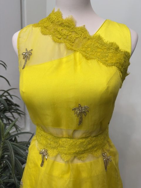 Yellow organza top, lace trim and beaded motif detail