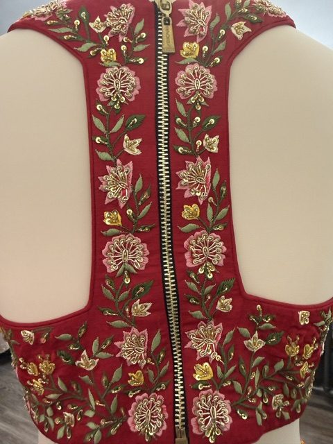 Yellow printed wide-leg pants with embroidered crop top, embroidered back detail