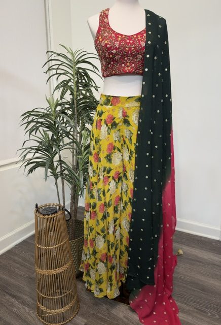 Yellow printed wide-leg pants with embroidered crop top, full view