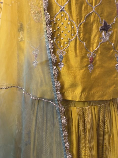Close view of the silver thread embroidery, lattice vines with coral and blue leaf motifs