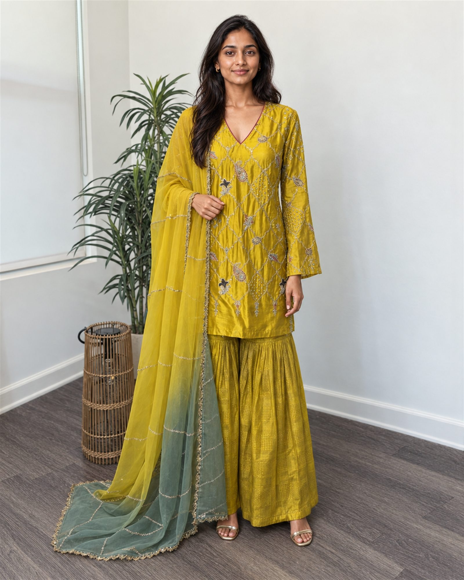 Model wearing the yellow silk short kurta with brocade sharara and ombr&eacute;-dyed organza dupatta, full view